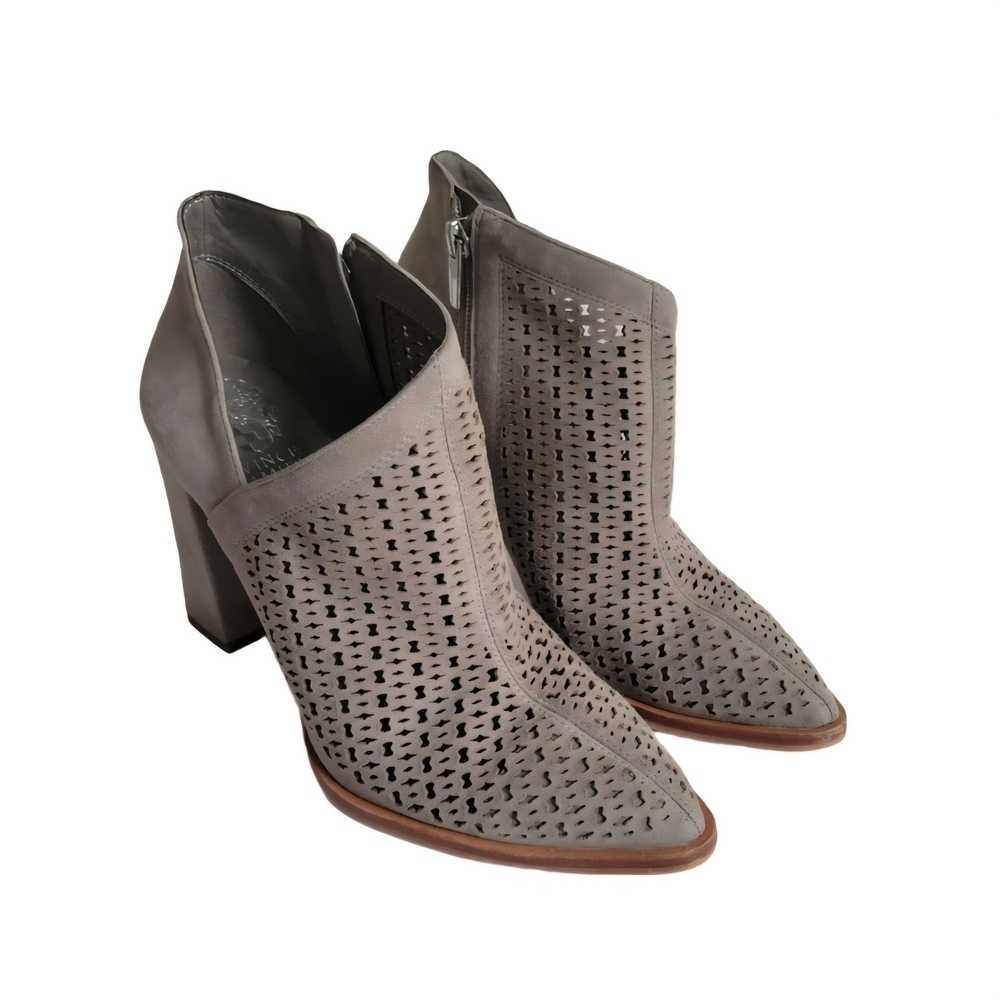 VINCE CAMUTO Size US 8 Lorva Perforated Block Heel Booties in Gray -